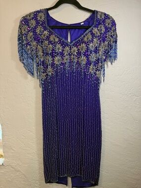 1980s Fringe Beaded Sequin Gown cocktail Dress Silk Size Small
